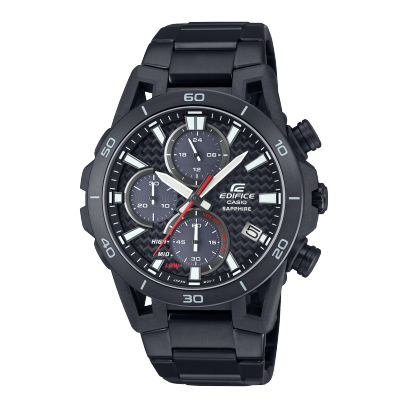 EDIFICE Chronograph EFS-S640DC-1AV mit schwarzem Armband und schwarzem Karbongehäuse. Der Sekundenzeiger ist strahlendrot, der Hintergrund des Zifferblatts hat eine reifenähnliche Struktur