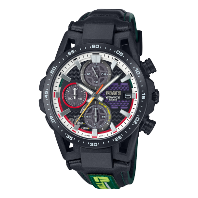 Produktabbildung des Chronographen EDIFICE EFS-S641TMS-1AER mit schwarzem Kunstharzarmband und schwarzem Zifferblatt mit weißen, silbernen und roten Akzenten