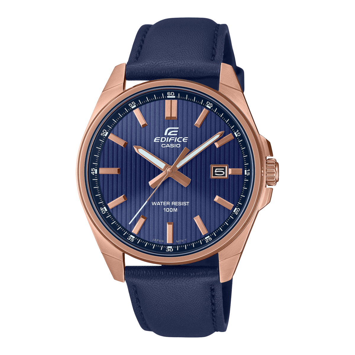 Frontansicht der EFV-150CL-2AV mit dunkelblauem Zifferblatt und Armband, sowie Gehäuse, Indizes und Zeiger in Roségold
