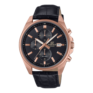 Frontansicht der EFV-610ECL-1AUEF mit roségoldener Lünette, schwarzem Zifferblatt und schwarzem Lederarmband