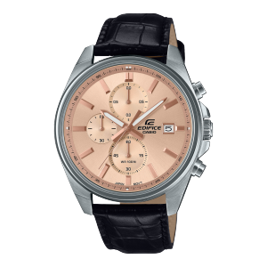 Frontansicht der EFV-610EL-5AUEF mit roségoldenem Zifferblatt und schwarzem Lederarmband