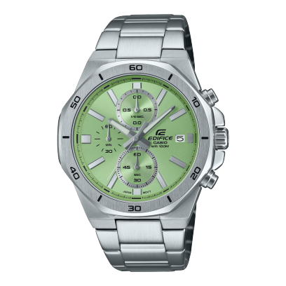 Die Edifice Armbanduhr EFV-640D-3AV mit grünem, analogem Zifferblatt und silbernem Armband