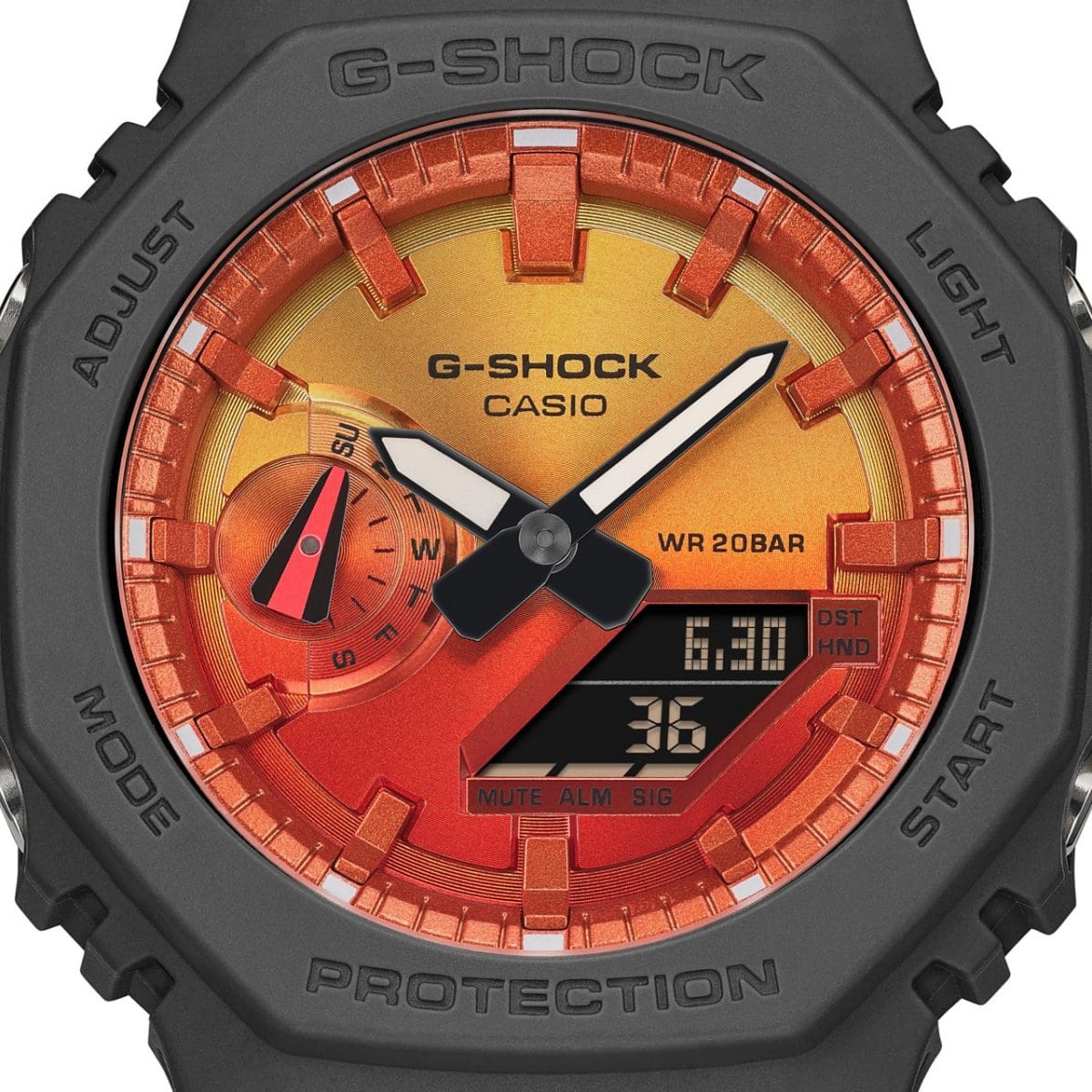 Nahaufnahme des Zifferblatts der GA-2100FL-8A Armbanduhr von G-SHOCK aus der "Flame inside" Serie