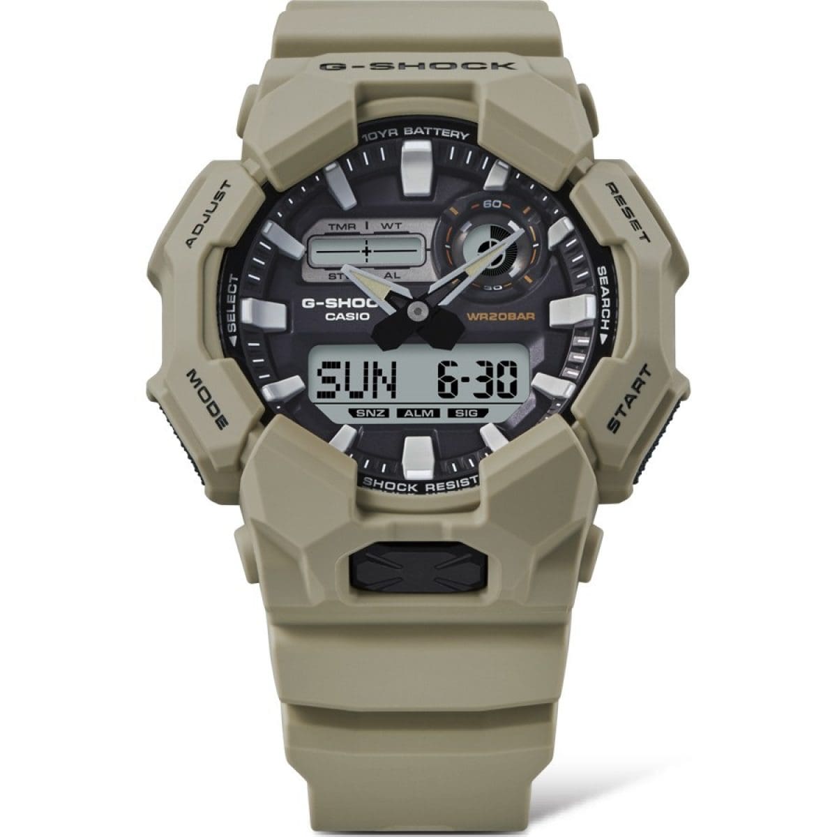 Gehäuse und Armband der G-SHOCK Armbanduhr GA-010-5A direkt von vorn.