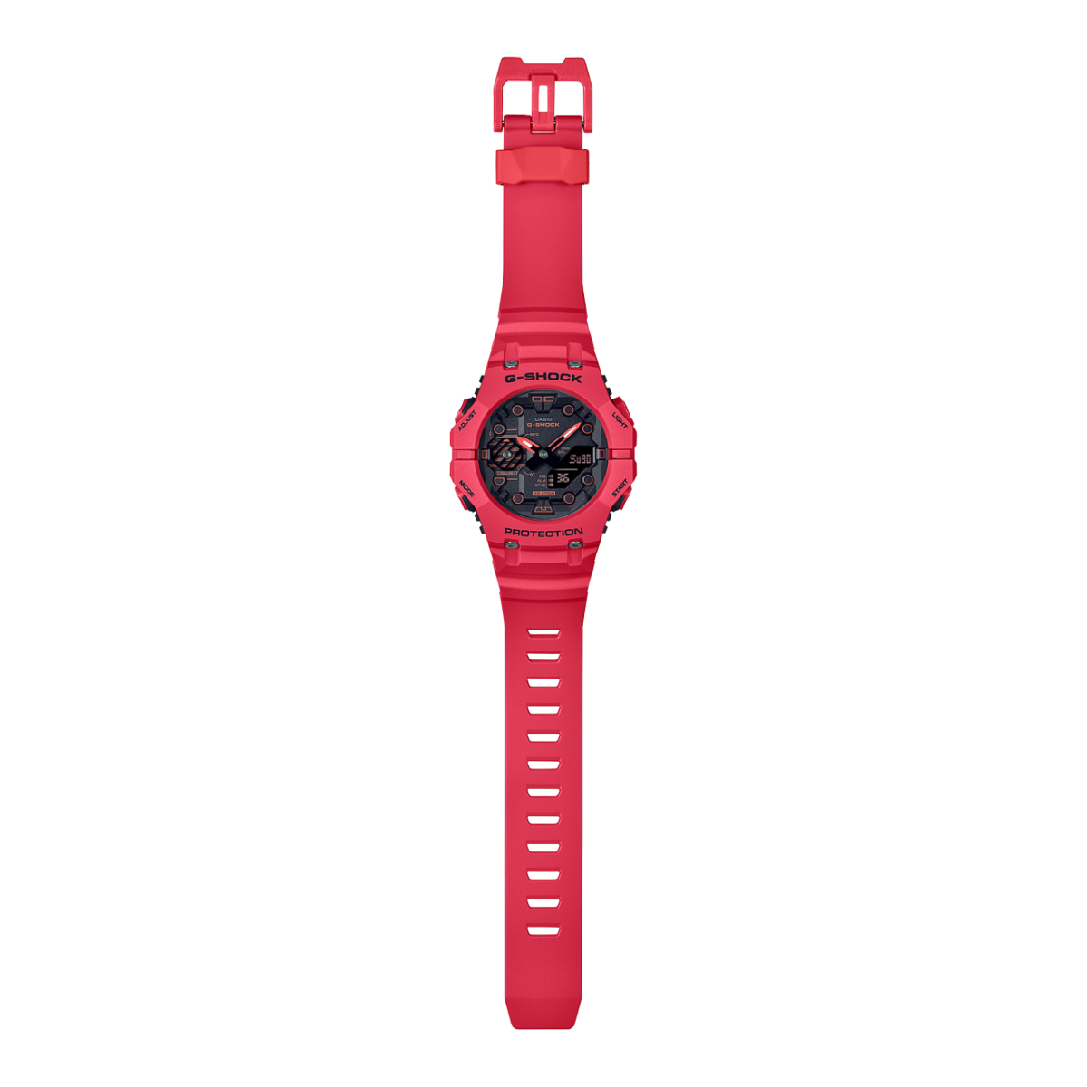Komplettansicht der GA-B001-4A mit ihrem roten Resinarmband