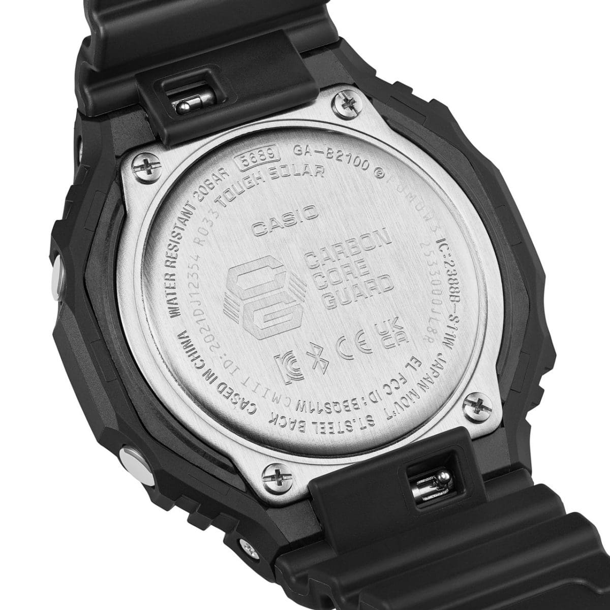Auf der Rückseite der G-SHOCK Armbanduhr GA-B2100BEG-1AER ist CARBON CORE GUARD eingraviert