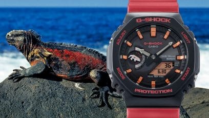 Die Galapagos Iguana Echse neben der GA-B2100 Armbanduhr.