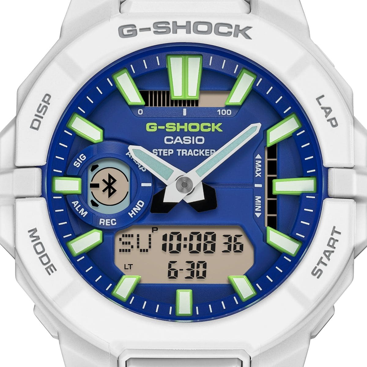 Die fluoreszierenden Indizes der Armbanduhr GBA-950-7A2ER sind hellgelb auf dem blauen Zifferblatt hervorgehoben