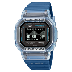 Frontansicht der digitalen Armbanduhr GBX-H5600-2ER von G-SHOCK mit blauem Resinarmband und durchsichtigem Gehäuse