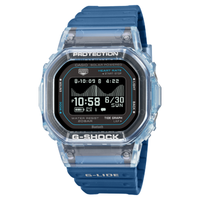 Frontansicht der digitalen Armbanduhr GBX-H5600-2ER von G-SHOCK mit blauem Resinarmband und durchsichtigem Gehäuse