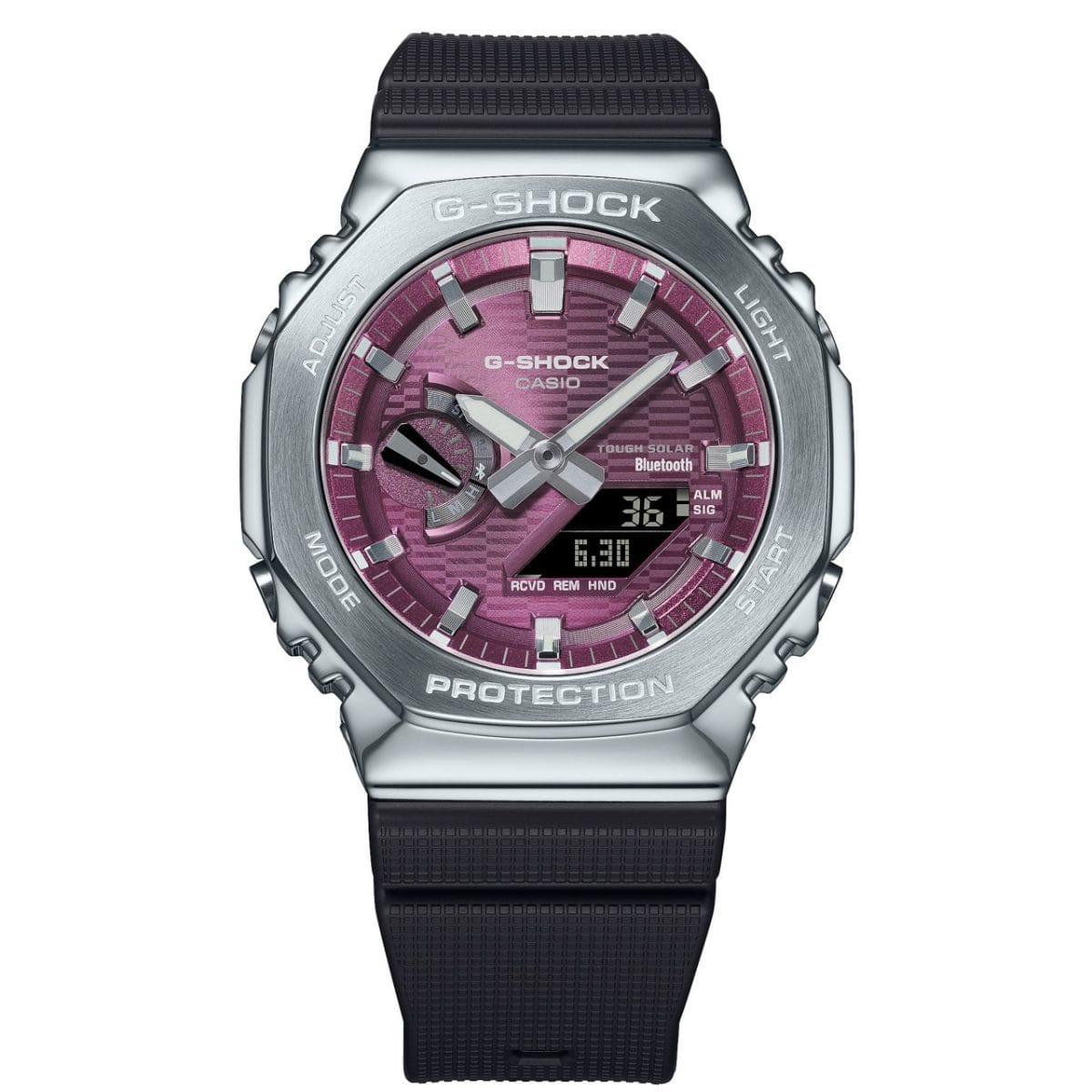Frontansicht der GBM-2100A-4BER mit silbernem Gehäuse, schwarzem Resin-Armband und burgunderrotem Zifferblatt