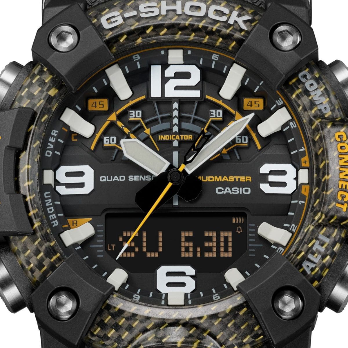 Nahaufnahme des analog-hybriden Displays der GG-B100Y-1A Outdoor-Uhr