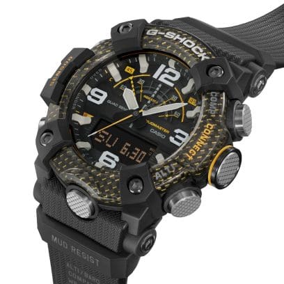 Seitliche Ansicht der G-SHOCK-Armbanduhr GG-B100Y-1A mit Blick auf die prägnanten, seitlichen Display-Knöpfe
