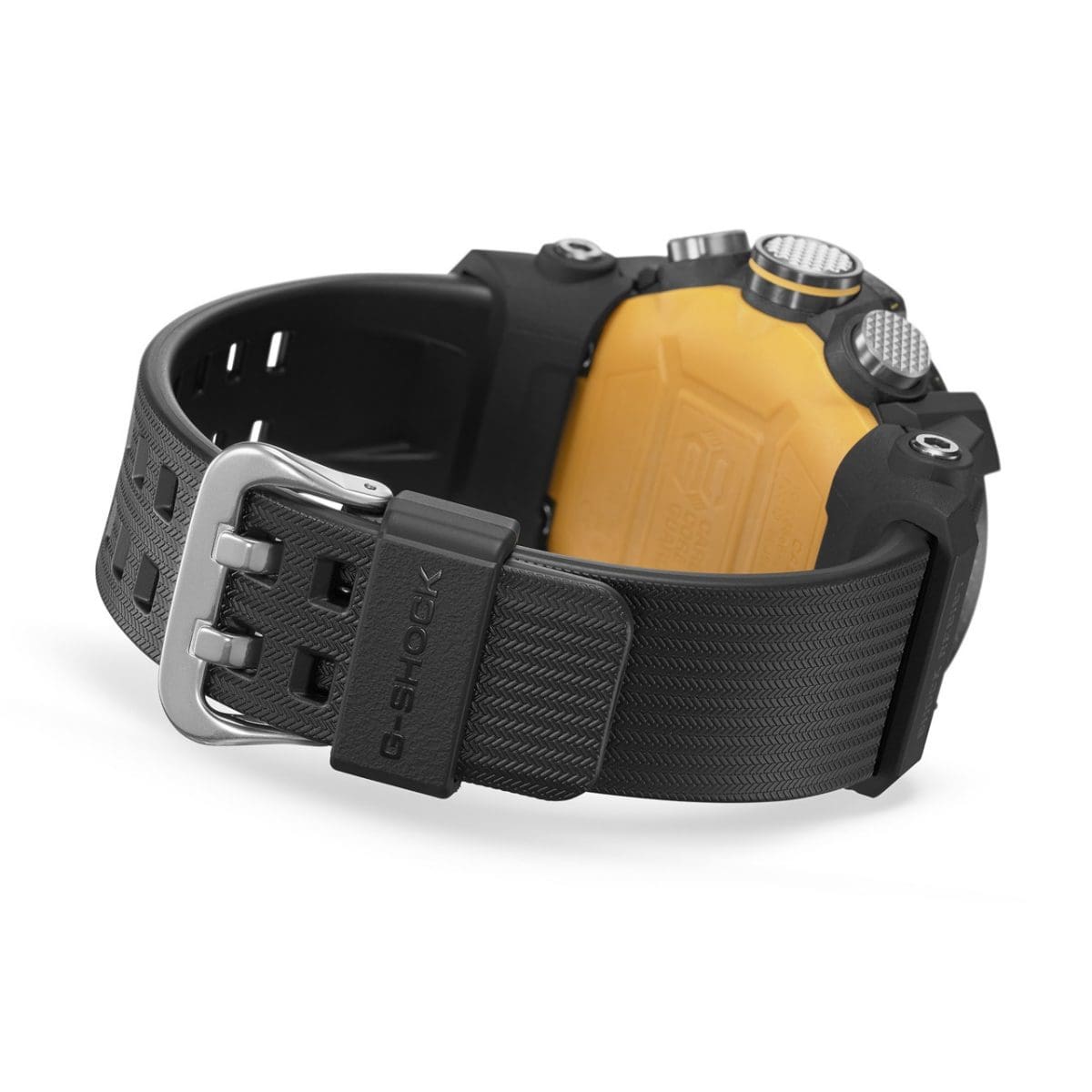 Die GG-B100Y-1A Armbanduhr mit geschlossenem Armband und Blick auf die gelbe Gehäuserückseite und den silberfarbenen Armbandverschluss