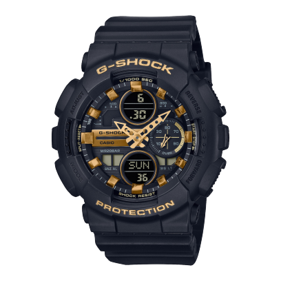 Die G-SHOCK WOMEN Armbanduhr GMA-S140M-1A mit rundem, schwarzem, digital-analogem Zifferblatt mit gelbgoldenen Indices, Zeigern und Akzenten sowie einem Gehäuse und Armband aus Resin in Schwarz.