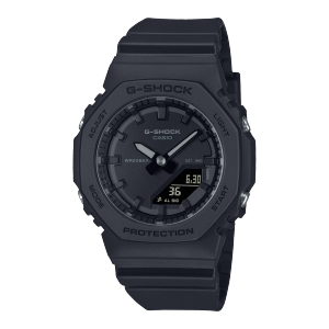 Die Armbanduhr "GMA-P2100" von G-SHOCK mit kleinerer Lünette, mit schwarzem Armband, Gehäuse und Zifferblatt