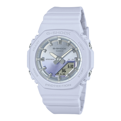 GMA-P2100SG-2AER Armbanduhr von G-SHOCK mit fliederfarbenem Armband und achteckigem Gehäuse mit Analoganzeige