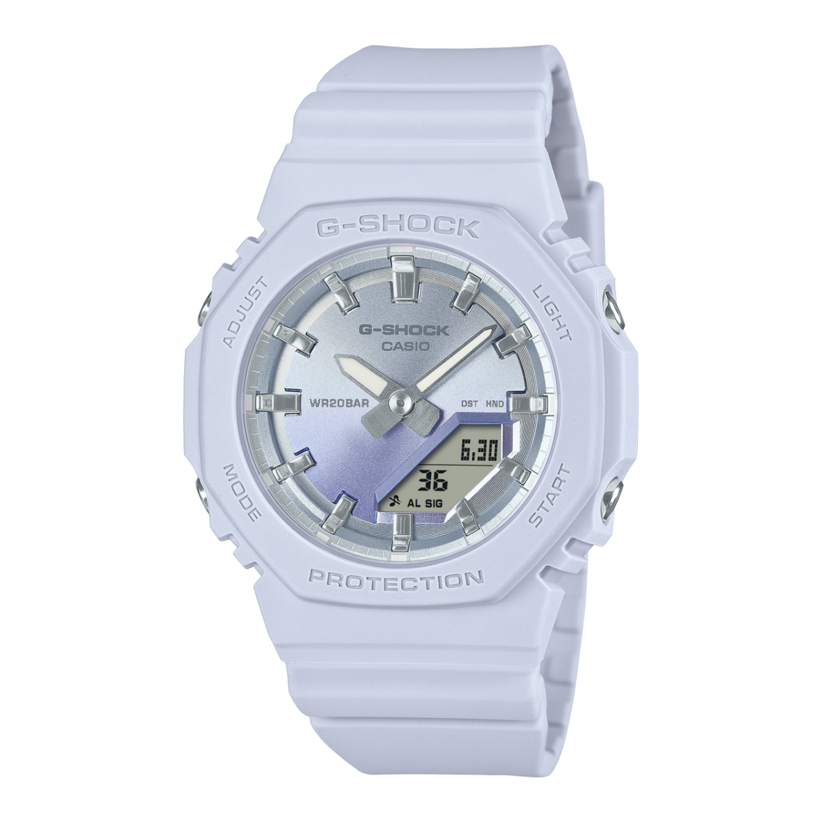 GMA-P2100SG-2AER Armbanduhr von G-SHOCK mit fliederfarbenem Armband und achteckigem Gehäuse mit Analoganzeige