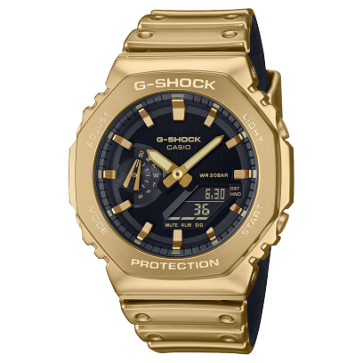 G-SHOCK Armbanduhr GM-2100YMG-9A mit goldfarbenem Silikonband und goldener, achteckiger Metalllünette