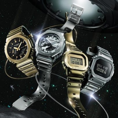 Die Armbanduhren aus der Fine-Metallic Serie: GM-2100YMG-9A, GM-2100YM-8A, GM-5600YMG-9, und GM-5600YM-8