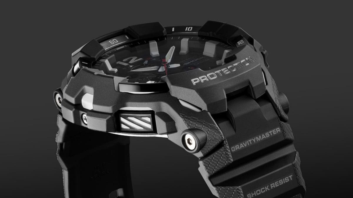 Die seitliche Ansicht der G-SHOCK Armbanduhr GR-B300-1A zeigt die Details links außen am Gehäuse.