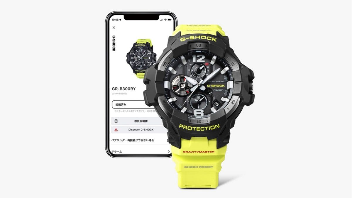 Frontansicht der Bluetooth fähigen und solarbetriebenen GR-B300RY-1A9 mit geöffneter Casio Watches App auf einem Smartphone im Hintergrund. 