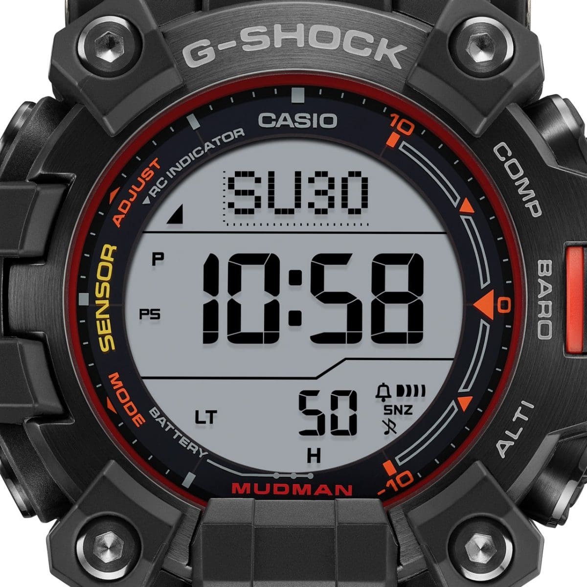 Close-Up des übersichtlichen Digitaldisplays der GW-9500MEC-1 Armbanduhr