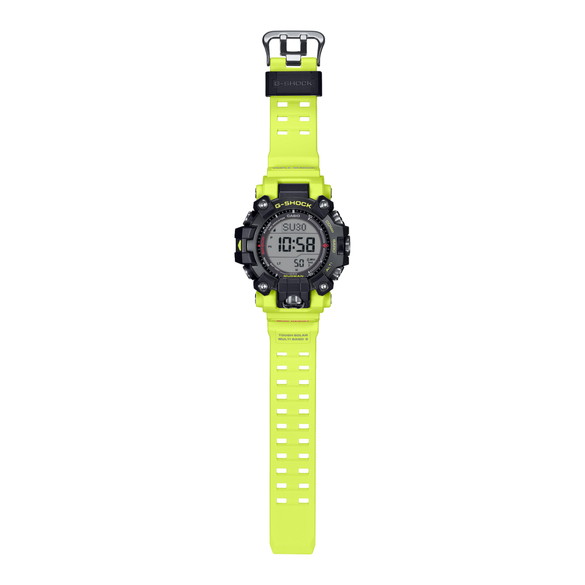 Komplettansicht der GW-9500MRY-1A9 mit gelbem Armband, schwarzem Gehäuse, schwarzer Schließe und schwarzem Bandhalter.