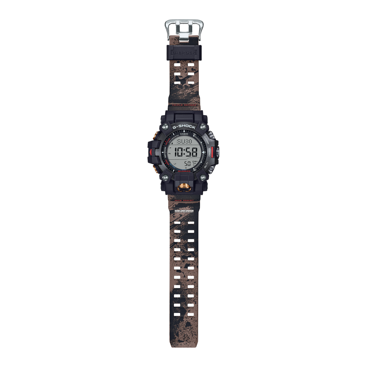 Komplettansicht der G-SHOCK Digitaluhr "GW-9500TLC-1ER" mit schwarz-braun gemustertem Resinband und schwarzem Gehäuse