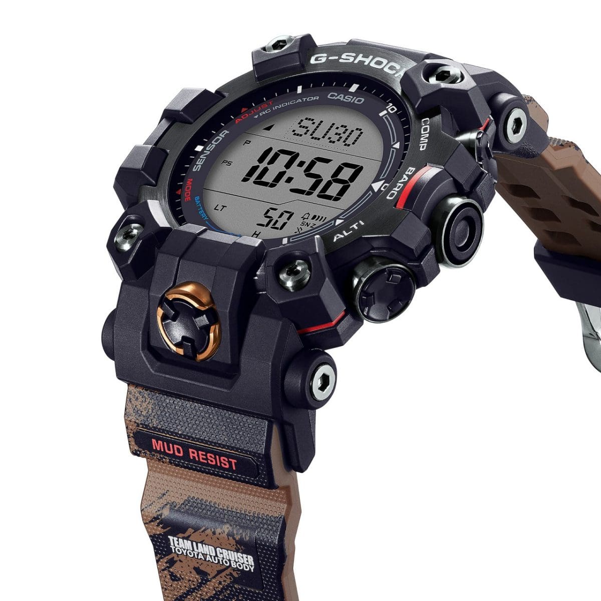 Seitliche Ansicht der G-SHOCK GW-9500TLC-1 mit ihrem robustem Case und seitlichen Knöpfen am Display
