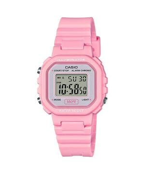 Rosafarbene Digitalarmbanduhr von der CASIO Timeless Collection mit eckigem Gehäuse und violettem Zifferblatt