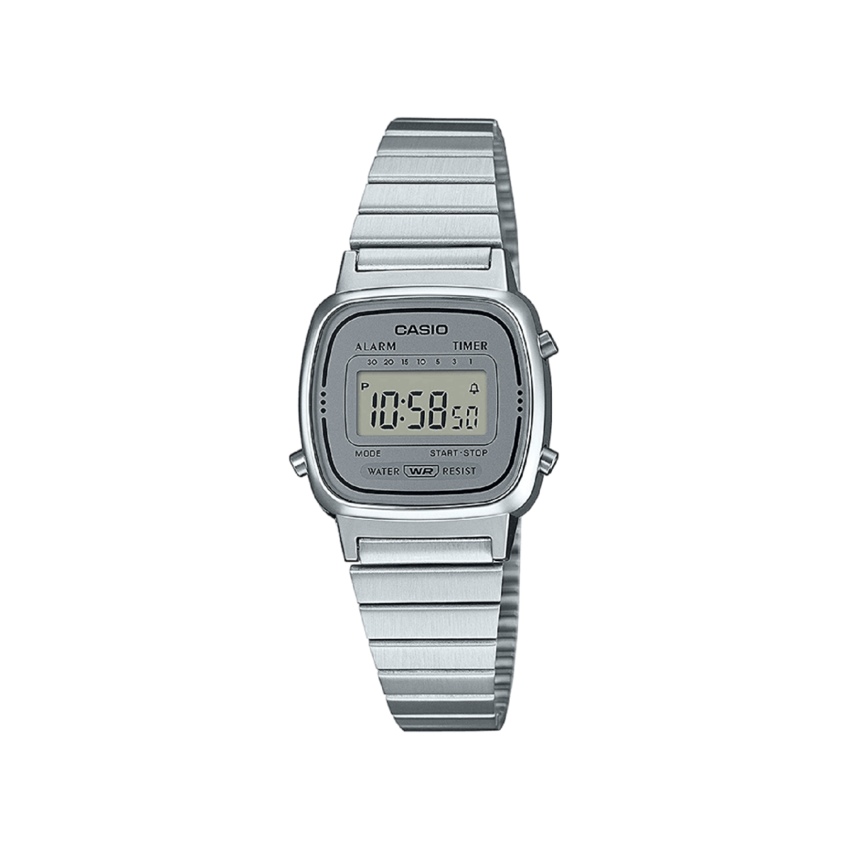 Die CASIO VINTAGE COLLECTION Armbanduhr LA670WEA-7 mit viereckigem, digitalem Zifferblatt umrandet in Grau mit schwarzen Akzenten, einem viereckigen, silbernen Gehäuse und einem Gliederarmband aus Edelstahl in Silber.