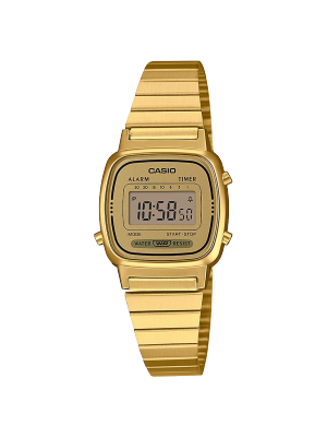 Die goldene CASIO VINTAGE COLLECTION Armbanduhr LA670WEGA-9 mit eckigem, digitalem Zifferblatt in Beige und Gold mit Akzenten in Schwarz und Grün, einem quadratischen Gehäuse und einem Armband aus Edelstahl in Gold.