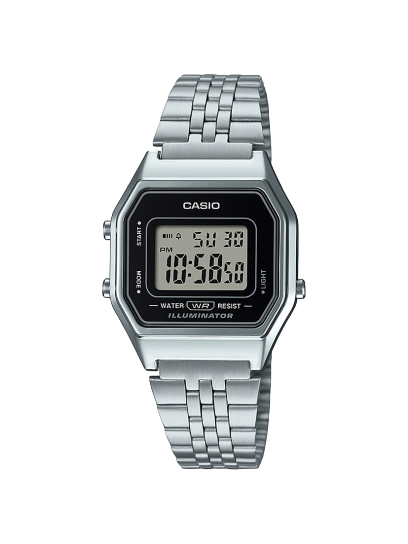 LA680WEA-1: Digitaluhr von CASIO VINTAGE mit silberfarbenem Armband und dunkler Lünette.