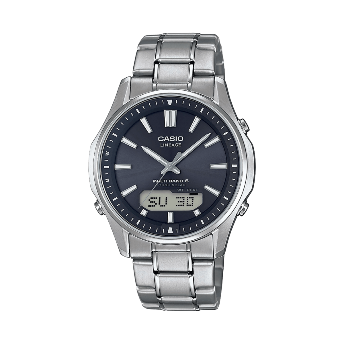 Frontansicht der silbernen LCW-M100TSE-1A mit schwarzem Zifferblatt