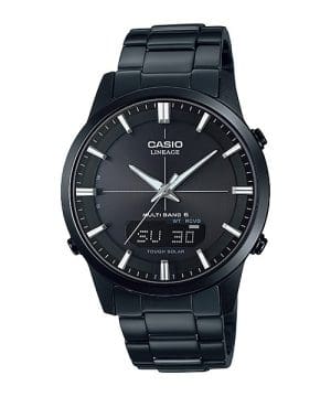 Die WAVECEPTOR Armbanduhr LCW-M170DB-1A mit rundem, digital-analogem Zifferblatt in Schwarz mit silberweißen Akzenten sowie einem Gehäuse und Armband aus massivem Edelstahl in Schwarz.