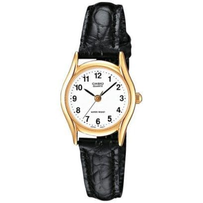 Die kleine analoge Armbanduhr LTP-1154PQ-7B mit goldfarbenem Gehäuse und schwarzem Lederarmband