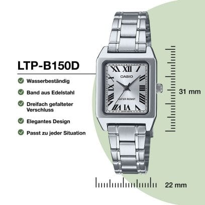 Gehäuse und Armband der CASIO TIMELESS COLLECTION Armbanduhr LTP-B150D-7B von vorn mit der Millimeter-Angabe 31 mm rechts davon und der Angabe 22 mm unterhalb der Uhr, für Höhe und Breite des Gehäuses. Außerdem die Hinweise: Wasserbeständig, Band aus Edelstahl, Dreifach gefalteter Verschluss, Elegantes Design, Passt zu jeder Situation.