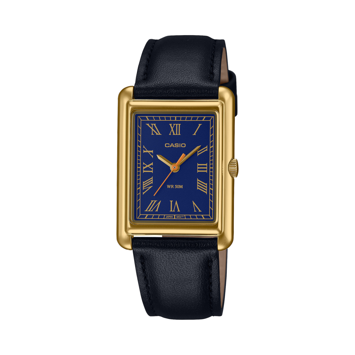 Die CASIO Collection Armbanduhr "LTP-B165GL-2BV" hat ein schwarzes Lederband und verbindet das goldfarbene, eckige Gehäuse. Das Zifferblatt ist in einem Mitternachtsblau gehalten.