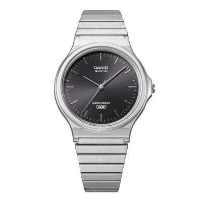 Die Armbanduhr MQ-24DA-1AEF der CASIO VINTAGE COLLECTION hat drei Zeiger und silberne Indizes auf dem schwarzen Zifferblatt