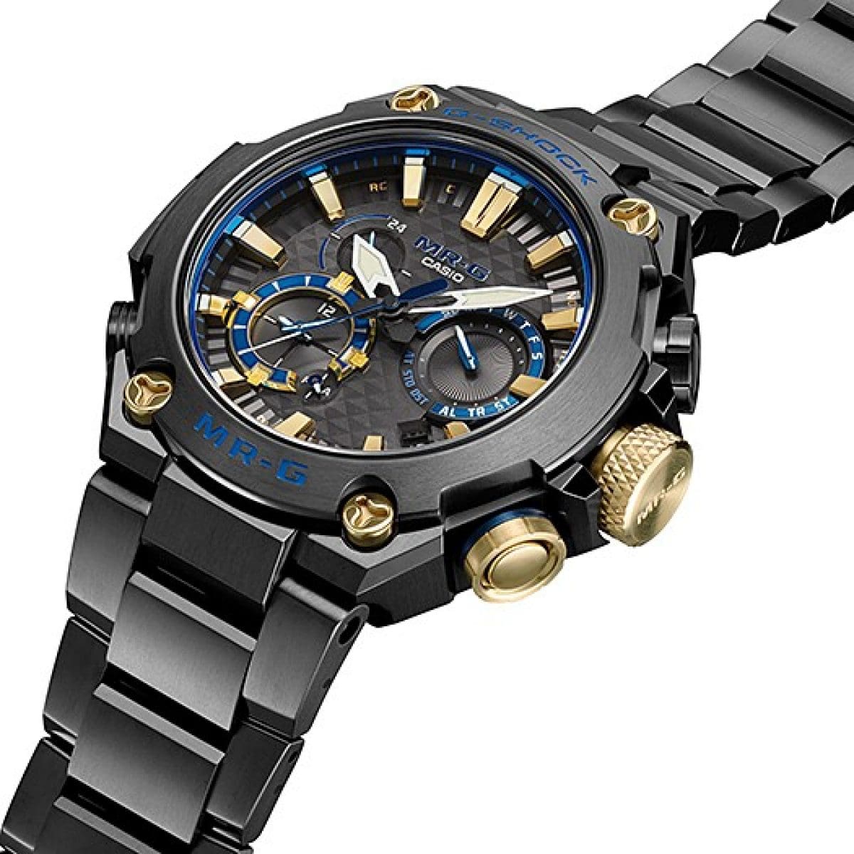 Seitliche Ansicht des Zifferblattes der MRG-B2000B-1A. Die Schriftzüge G-SHOCK und MR-G auf dem Gehäuse sind Blau hervorgehoben
