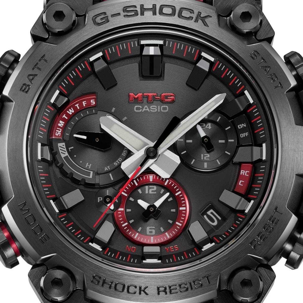 Nahaufnahme der Anzeige des MTG-B3000BD-1A Chronographen mit roten Details und auffällig großen Schrauben im Gehäuse 