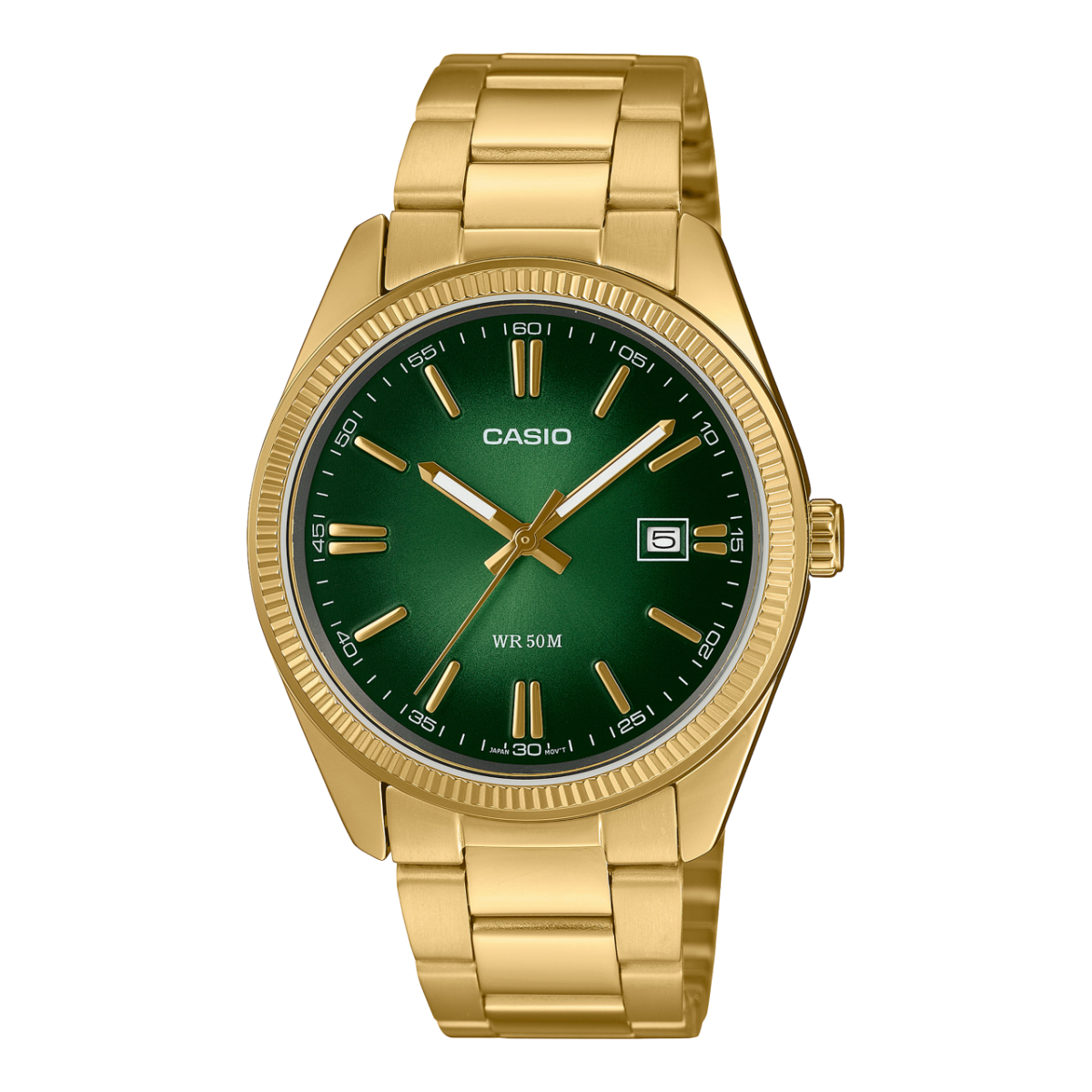 Goldene Armbanduhr von CASIO TIMELESS COLLECTION mit analogem, grünem Zifferblatt und goldfarbenen Indizes