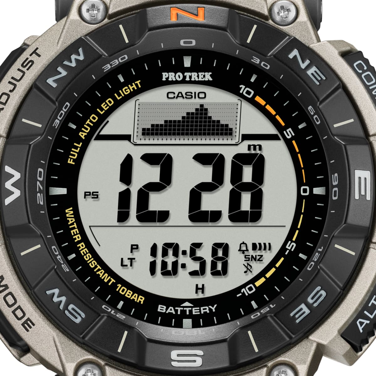 Nahaufnahme des digitalen Zifferblatts der PRO TREK Armbanduhr PRG-340T-7 mit aktivierter, digitaler Höhenmeter-Anzeige.