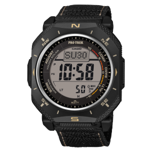 Frontansicht der schwarzen Digitaluhr PRG-69B-1ER von PRO TREK mit Stoffarmband