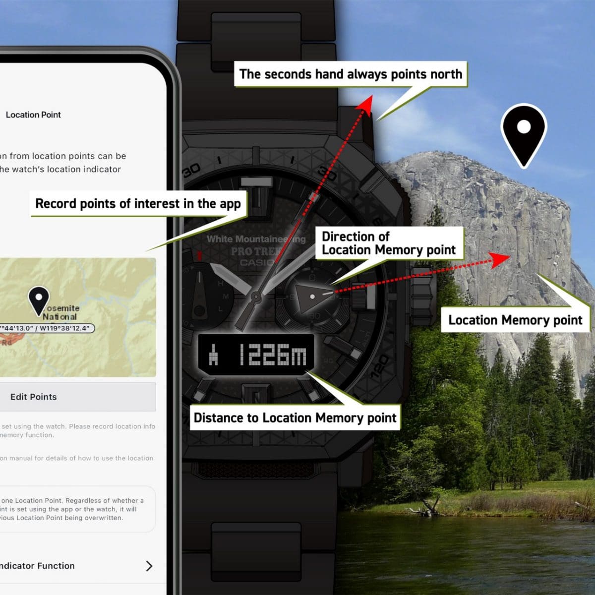 Ein Smartphone Display mit eingezeichnetem Standort neben der PRO TREK PRW-B1000WM-1ER, auf dessen Zifferblatt Informationen zu diesem Standort zu finden sind