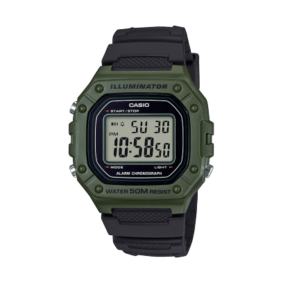 Frontansicht der W-218H-3AV mit dunkelgrünem Gehäuse und schwarzem Armband