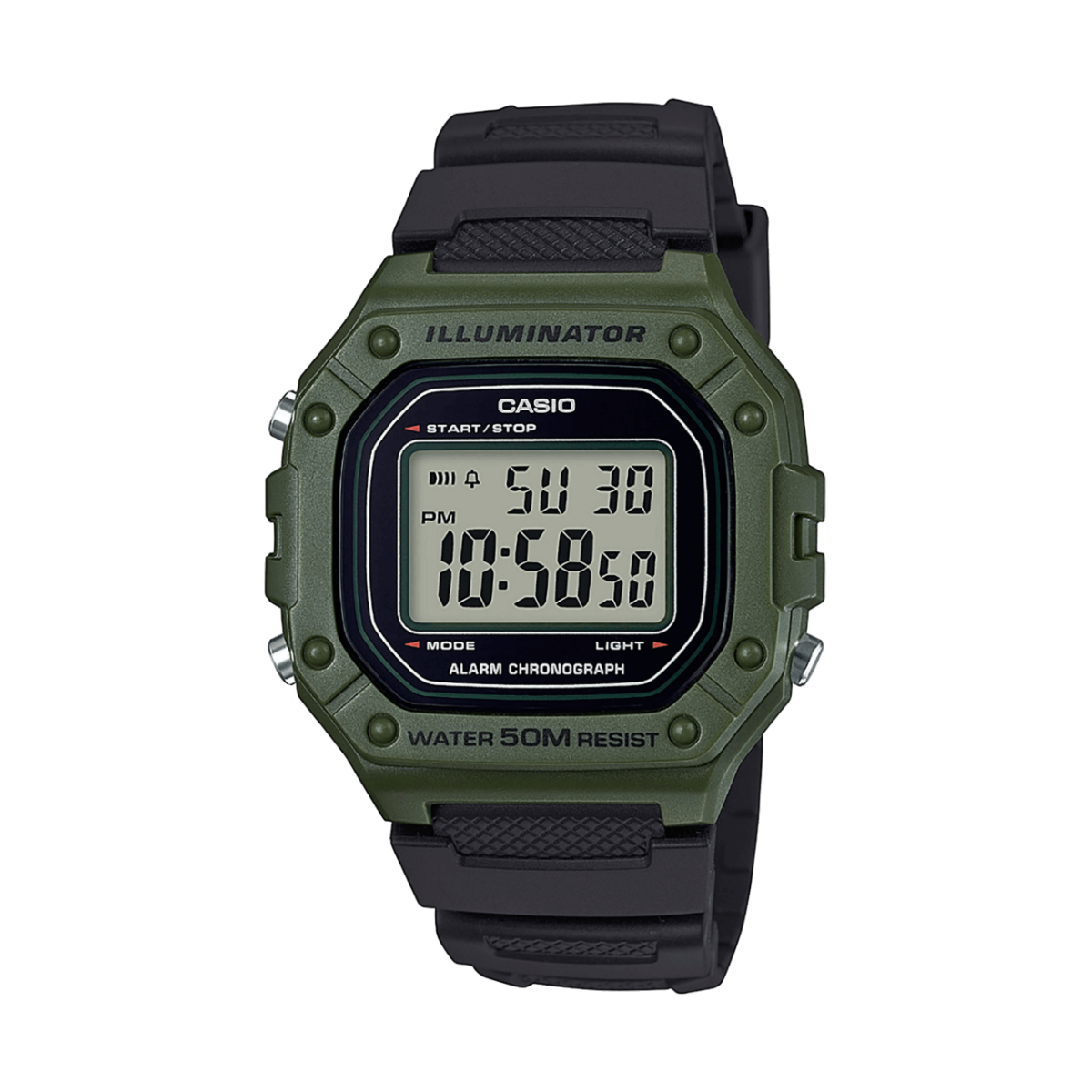Frontansicht der W-218H-3AV mit dunkelgrünem Gehäuse und schwarzem Armband