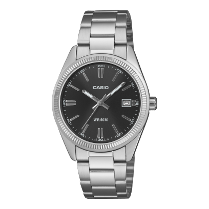 Frontansicht der silbernen Armbanduhr UTP-1302PD-1AVEF der CASIO TIMELESS COLLECTION mit schwarzem Zifferblatt
