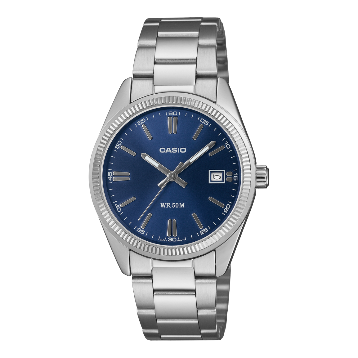Frontansicht der silbernen Analoguhr UTP-1302PD-2A1VEF mit dunkelblauem Zifferblatt